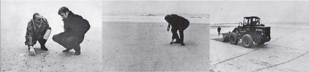 Production stills of Jan Dibbets '12 Hours Tide Object with Correction of Perspective', produced by Gerry Schum for the series 'Land Art' in 1969.