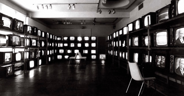 101 TV Sets, installation 1972-1975  First shown as 60 TV Sets at the exhibition A Survey of the Avant-Garde in Britain, Gallery House, London 1972, and as 101 TV Sets at The Video Show, Serpentine Gallery, London 1975 (both made in collaboration with Tony Sinden)