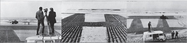 Production stills of Jan Dibbets '12 Hours Tide Object with Correction of Perspective', produced by Gerry Schum for the series 'Land Art' in 1969.